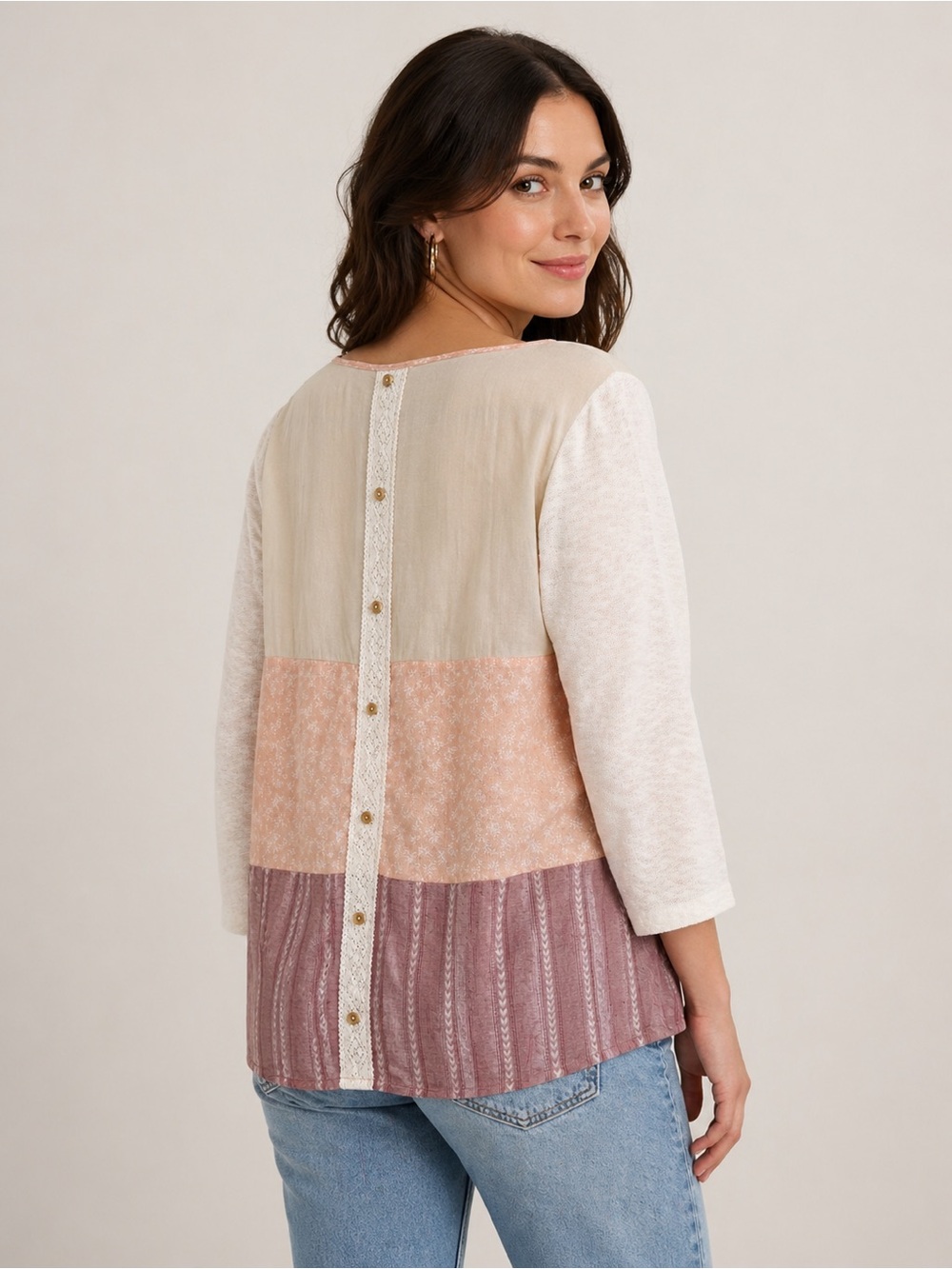 Oddi Patchwork Button Down Back 3/4 Length Sleeves Oatmeal Medium Tunic Top